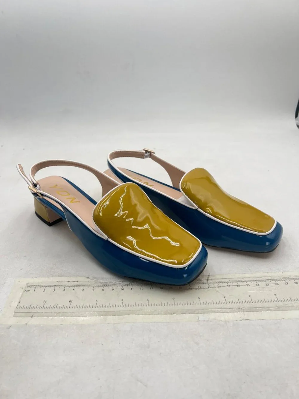 YDN Blue and Yellow Square Toe Block Low Heels Slingback Formal Loafer Shoes